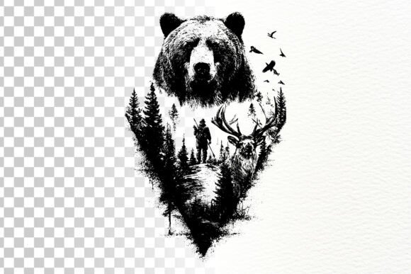 Bear Hunting Forest Engraving SVG Line Graphics and Illustrations Review